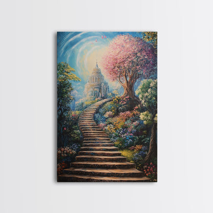 The Steps To The Sky, Framed Canvas Print, Cute Fantasy  Decor, Preppy Wall Art, Gift For Her, Dorm Wall Art, Landscape Painting