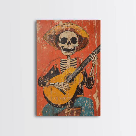 Arte Mexicano - Framed Canvas Print - Chicano Art - Skeleton Vaquero playing a guitarra, Mexican Inspired Wall Art, Southwestern Art
