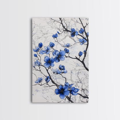 Wabi Sabi Wall Art Framed Canvas Print, Chinoiserie Wall Art, Chinoiserie Style Home Decor, Blue Flower Floral Print Wall Decor