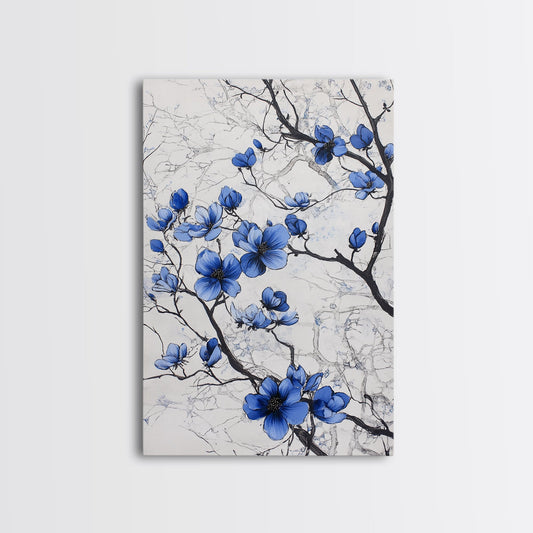 Wabi Sabi Wall Art Framed Canvas Print, Chinoiserie Wall Art, Chinoiserie Style Home Decor, Blue Flower Floral Print Wall Decor