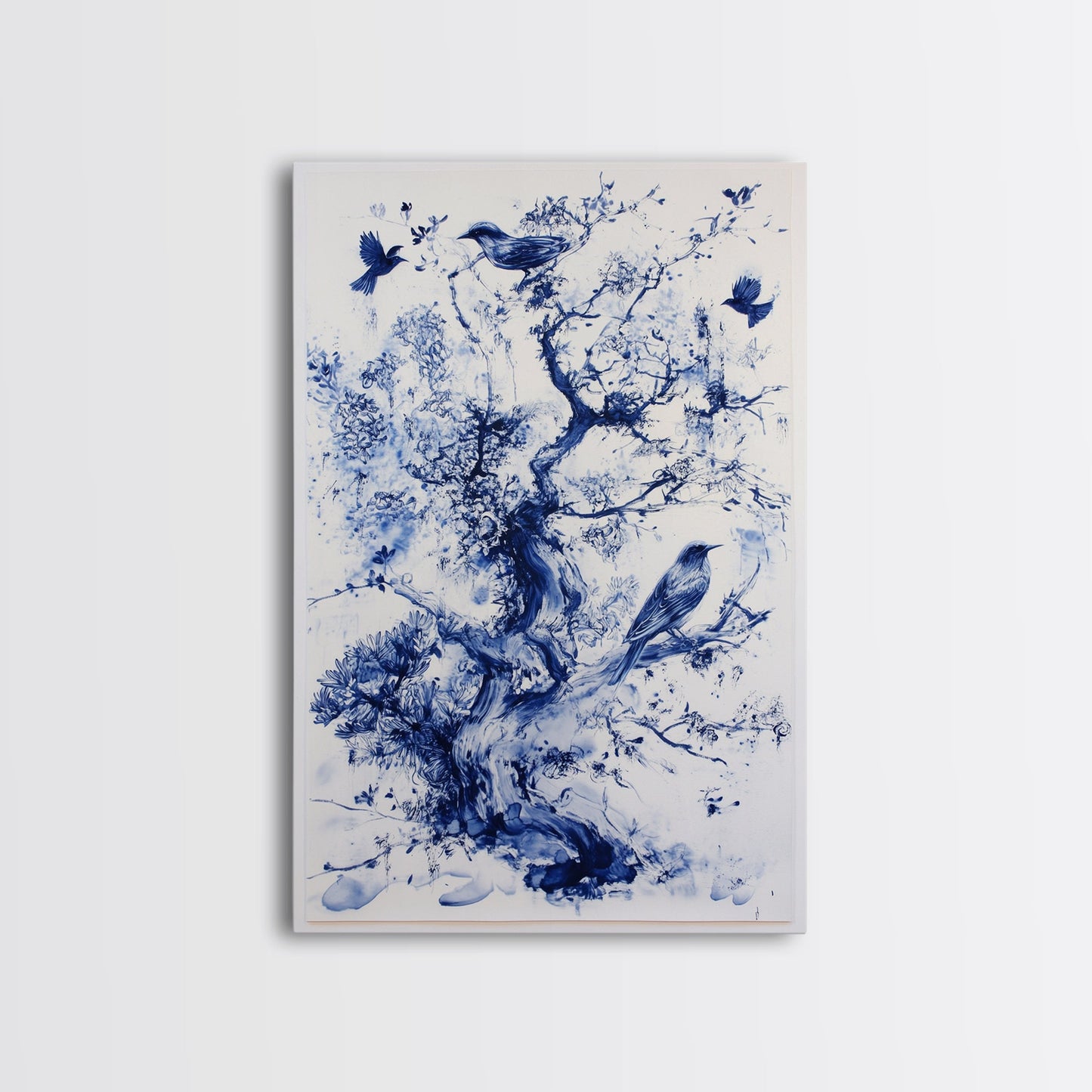 Chinoiserie Wall Art Framed Canvas Print, Blue Tree and Birds, Botanical Print, Birdwatcher Gift Idea, Chinoiserie Style Painting