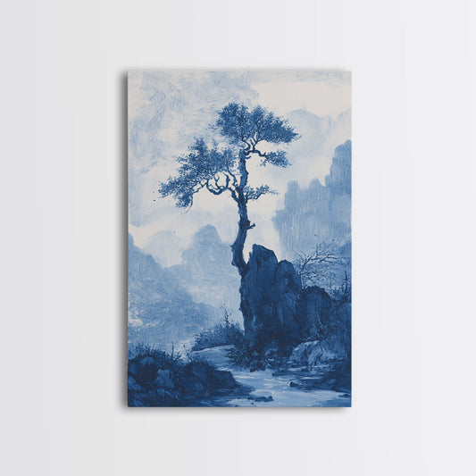 Chinoiserie Wall Art, Chinoiserie Style Canvas Print, Chinoiserie Blue Painting, Retro Boho Style Minimalist Wall Art, Blue Painting