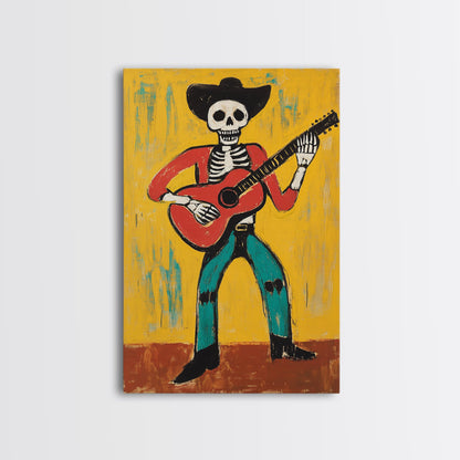 Canvas Print Of a Cowboy Skeleton Guitarist, Mexicano Art, Chicano Art, Original Artwork, Vaquero Art