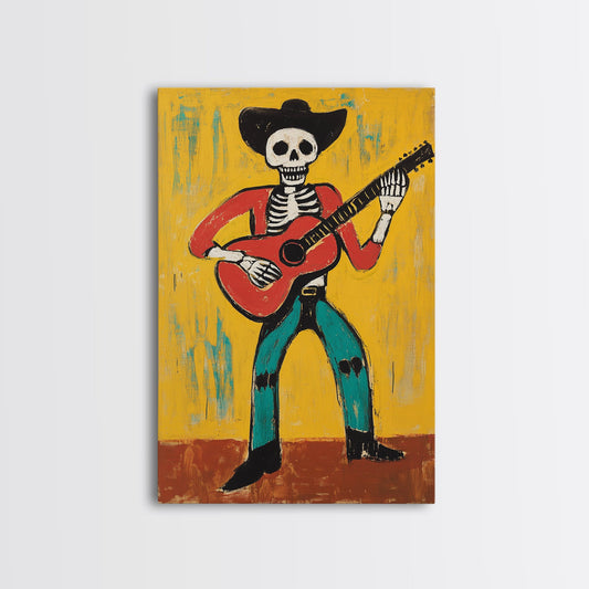 Canvas Print Of a Cowboy Skeleton Guitarist, Mexicano Art, Chicano Art, Original Artwork, Vaquero Art