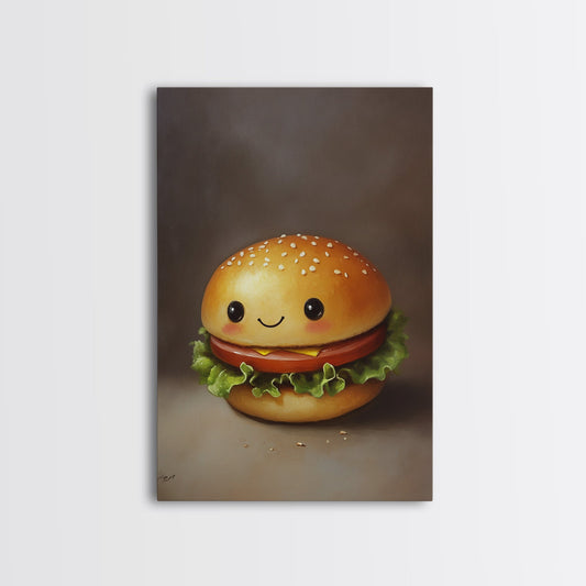 Kawaii Hamburger Canvas Print, Cute Hamburger Painting, Veggie Burger, Kawaii Wall Art, Kawaii Decor
