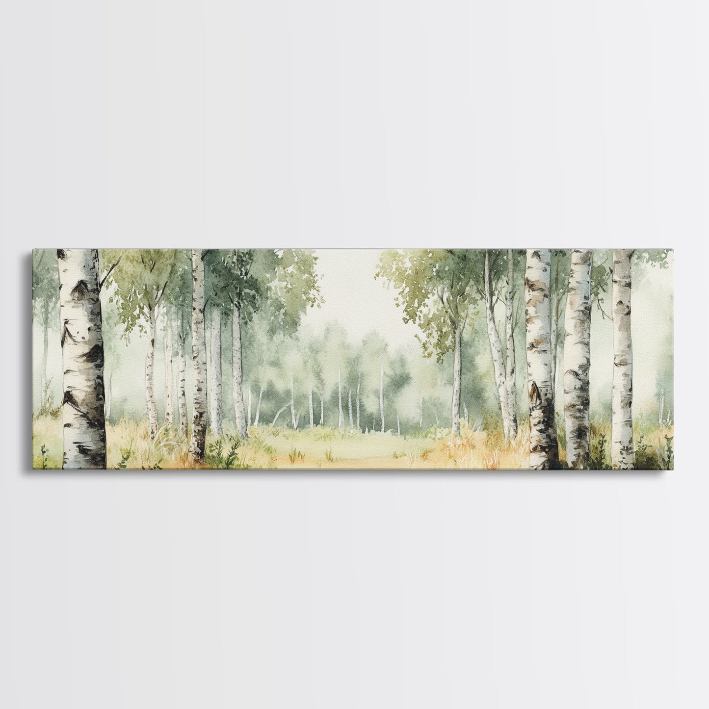 Silver Birch Trees in Spring Panoramic Canvas Print, Panoramic Painting, Aspen Trees Painting, Forest Landscape Horizontal Wall Art