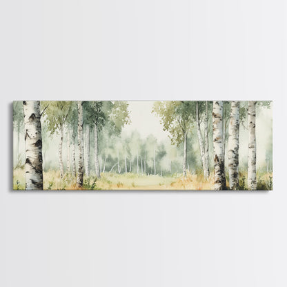 Silver Birch Trees in Spring Panoramic Canvas Print, Panoramic Painting, Aspen Trees Painting, Forest Landscape Horizontal Wall Art