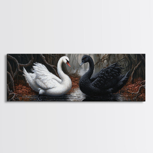 Black and White Swan Form  A Heart, Framed Canvas Print, Swan Painting, Black Swan Art, Dark Romance, Panoramic Art, Gothic Art