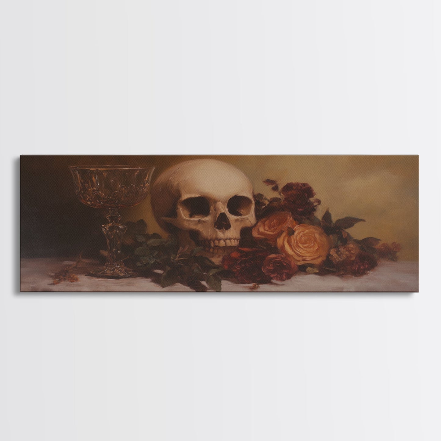 Skull and Flowers Canvas Print, Panoramic Goth Art, Extra Wide Wall Art, Goth Home Decor, Wide Art, Gothic Dark Academia Witchy Wall Art