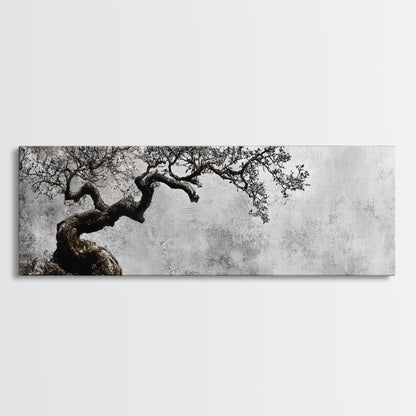 Black and White Bonzai Tree Framed Canvas Print, Wabi Sabi Japanese Style Home Decor, Minimalist Art, Moody Decor, Moody Art