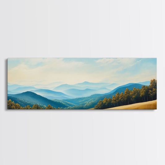 Blueridge Mountains Framed Canvas Print, Blue Ridge Mountains Painting, Panoramic Landscape Painting, Horizontal Wall Decor