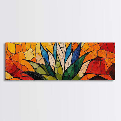 Stained Glass Style Blue Agave Wall Art Canvas Print, Mexicano Wall Art, Panoramic Southwestern Home Decor, Modern Farmhouse Rustic Art