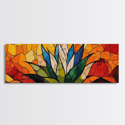 Stained Glass Style Blue Agave Wall Art Canvas Print, Mexicano Wall Art, Panoramic Southwestern Home Decor, Modern Farmhouse Rustic Art