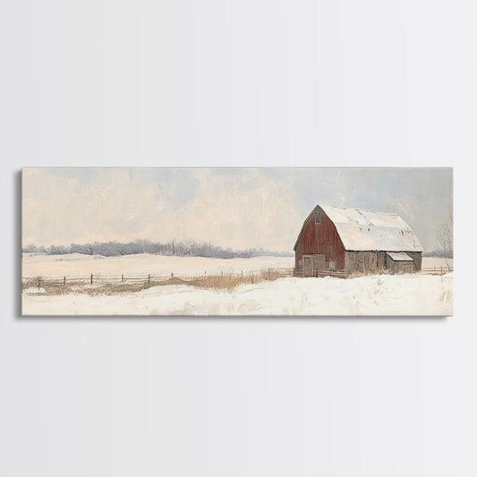 Barn Landscape Oil Painting Print - Retro Farm Wall Art - Village Wall Art - Old Red Barn In Winter - Winter Landscape - Winter Centerpiece Art