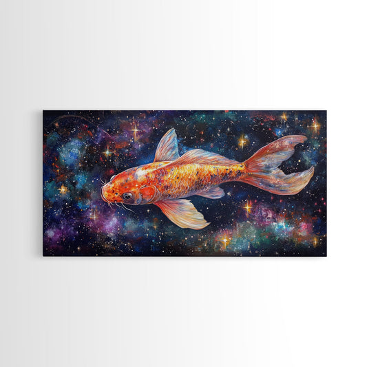 Galactic Koi Fish Framed Canvas Print, Retro Colorful Wall Art, Koi Fish Painting, Koi Wall Art, Space Art, Space Fish Painting