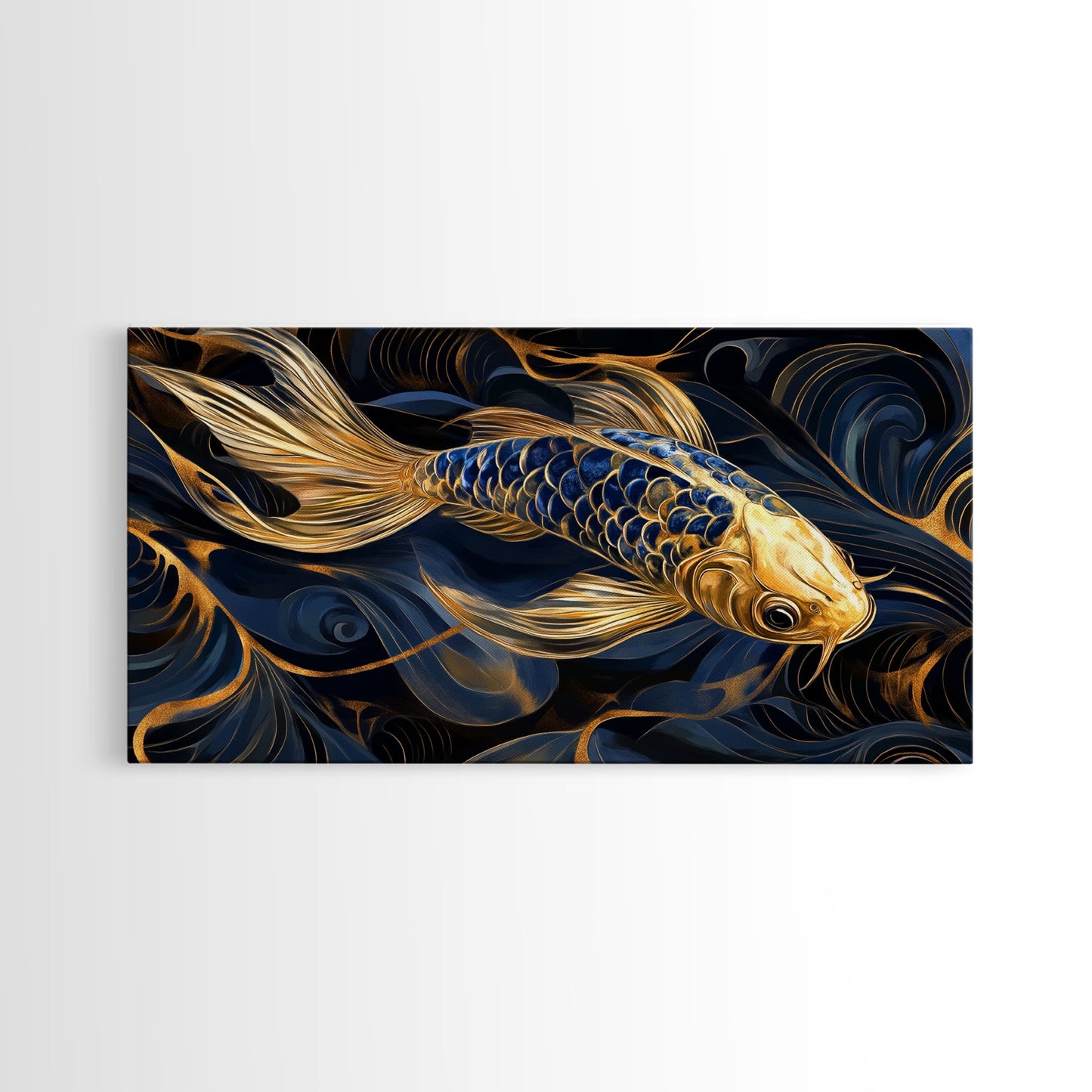 Black and Gold Koi Fish Framed Canvas Print, Wabi Sabi Style Home Decor, Koi Fish Painting Koi Fish Art, Modern Living Room Decor