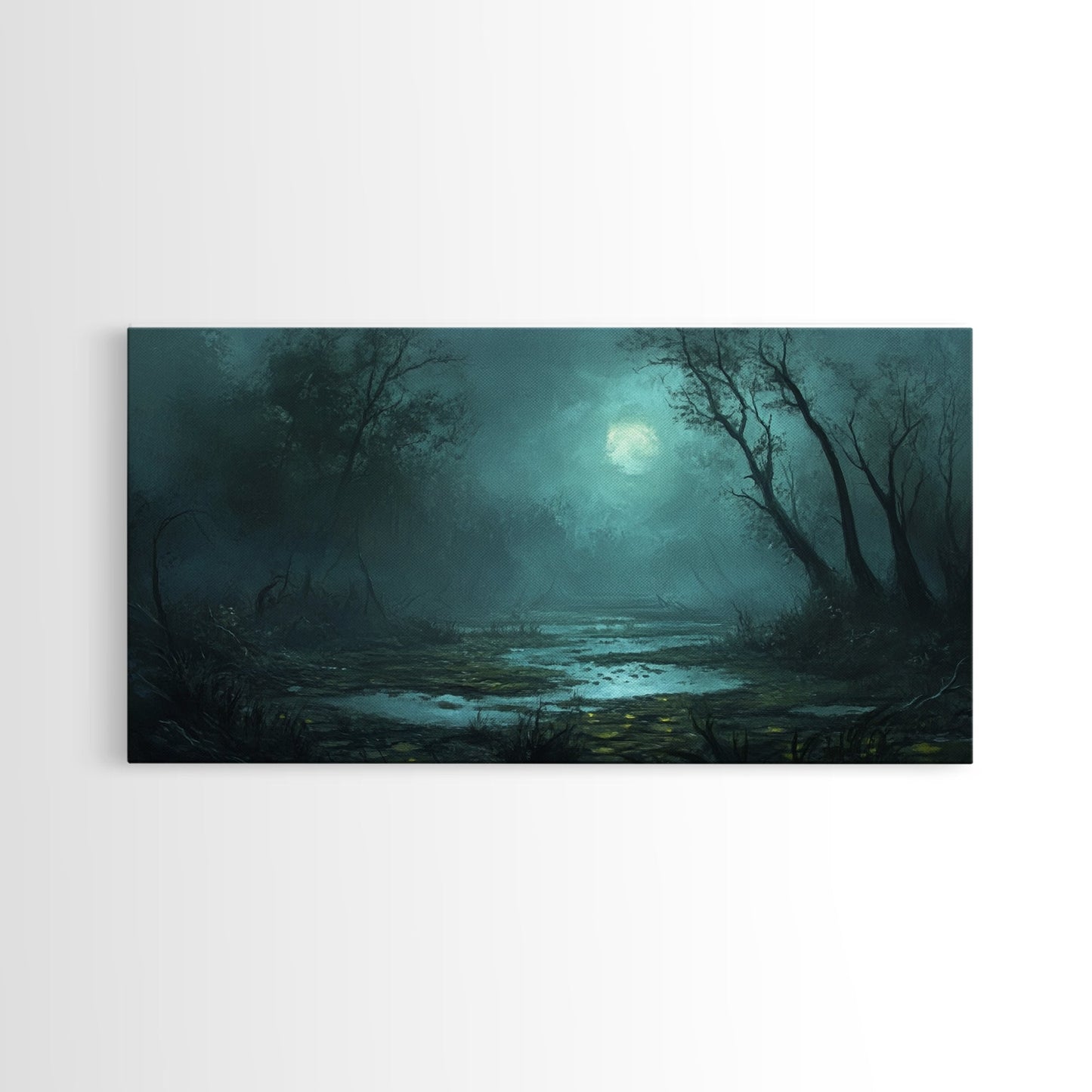 Dark and Moody Wall Art Framed Canvas Print, Oil Painting of a Swamp, Moody Landscape Wall Art