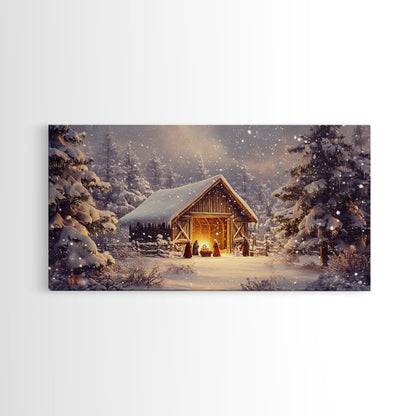 Nativity Scene Framed Canvas Print, Jesus in His Manger, Christmas Wall Art, Christmas Centerpiece Art, Nativity Oil Painting