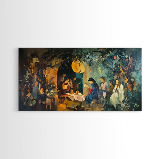 Christian Nativity Jesus In The Manger Ready To Hang Canvas Wall Art - Farmhouse Christmas Decor - Christian Wall Art - Christian Painting