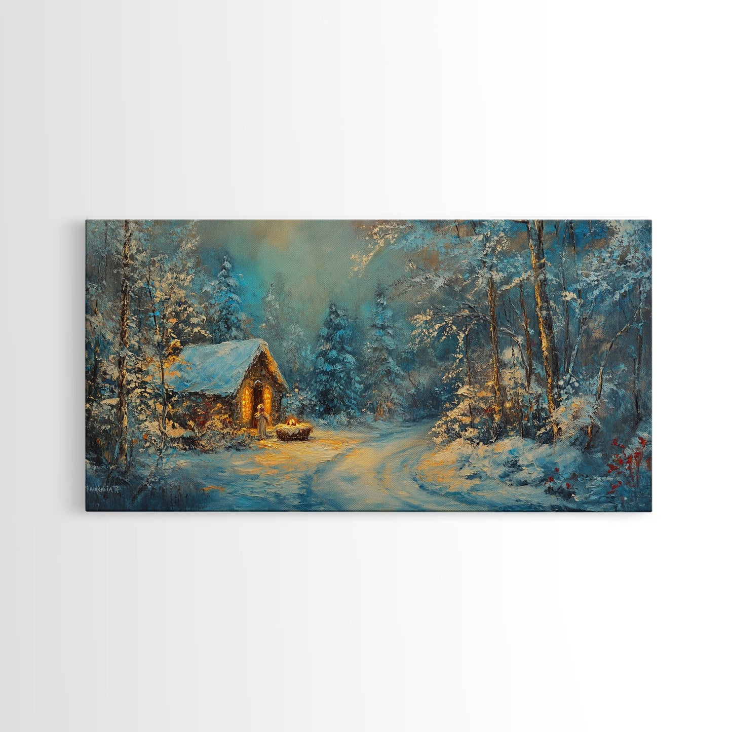 Above Mantle Christmas Wall Art, Framed Canvas Print, Cabin Art, Wall Art For Cabin, Winter Landscape Painting, Winter Themed Home Decor