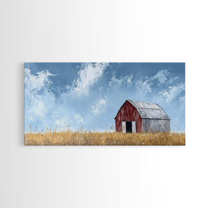 Old Building Farm In A Wheat Field, Framed Canvas Painting Print, Panoramic Rural Landscape Wall Art Rustic Barn Country Side Ready To Hang