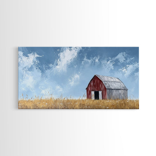 Old Building Farm In A Wheat Field, Framed Canvas Painting Print, Panoramic Rural Landscape Wall Art Rustic Barn Country Side Ready To Hang