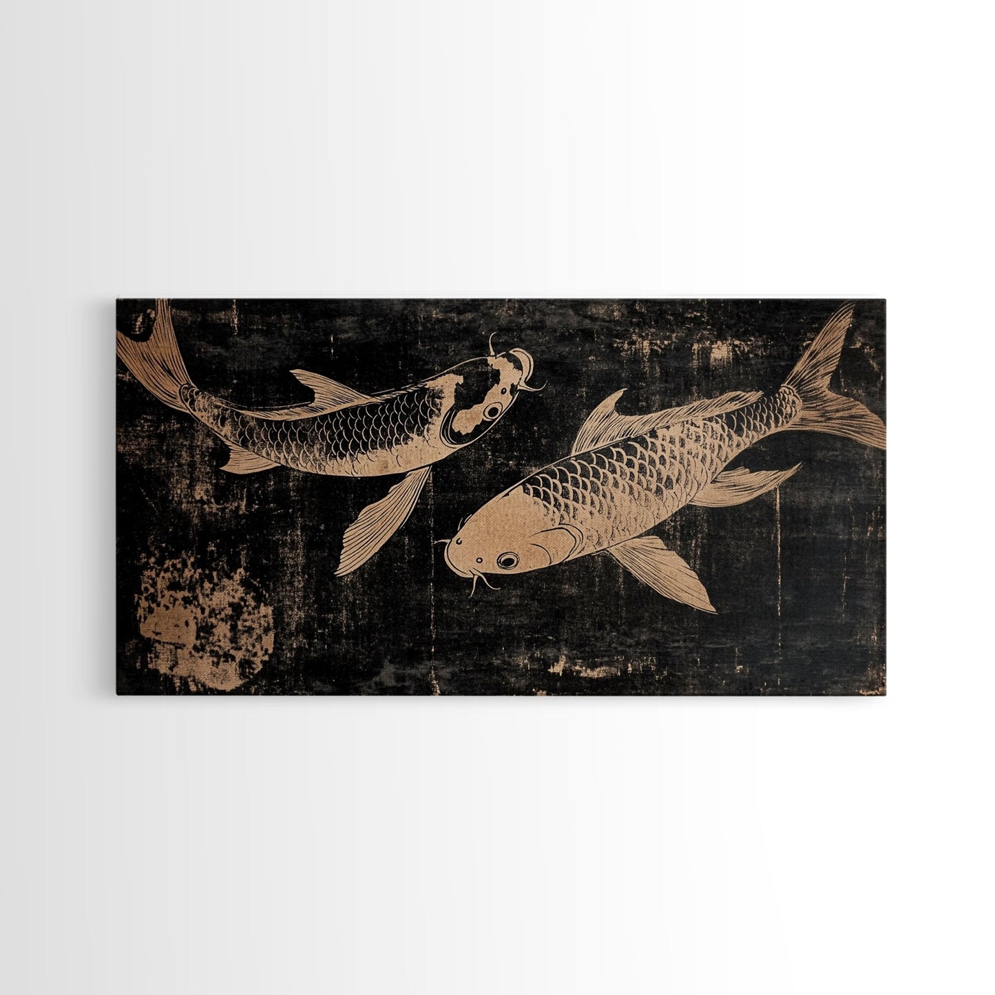 Black and White Koi Fish Oil Painting Print, Elegant Japanese Style Wood Block Print Artwork, Canvas Print Ready To Hang, Centerpiece Art