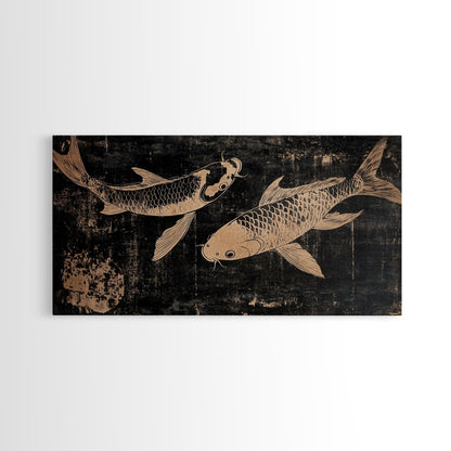 Black and White Koi Fish Oil Painting Print, Elegant Japanese Style Wood Block Print Artwork, Canvas Print Ready To Hang, Centerpiece Art