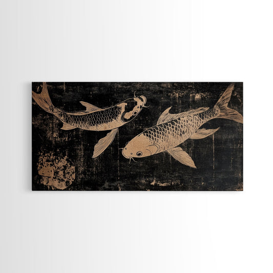 Black and White Koi Fish Oil Painting Print, Elegant Japanese Style Wood Block Print Artwork, Canvas Print Ready To Hang, Centerpiece Art