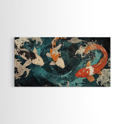 Large Oil Painting of Koi Fish Canvas Print, Vibrant Koi Fish Wabi Sabi Japanese Style Artwork, Minimalist Home Decor Living Room Wall Art