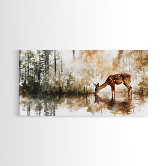 Young Doe Drinking Water In The Forest Framed Canvas Print, Painting of a Deer drinking Water, Gift for Hunter, Outdoorsman Gift, Cabin Art