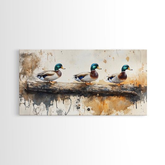 Rustic Duck Painting Canvas Print, 3 Ducks On A Log, Framed Canvas Nature Painting, Landscape Painting, Nature Art, Meadow Painting Cabin Art