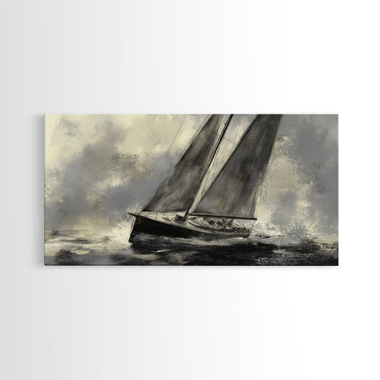 Black and White Charcoal Sketch Print of a Sailboat In a Storm, Framed Canvas Print, Nautical Wall Art, Nautical Home Decor