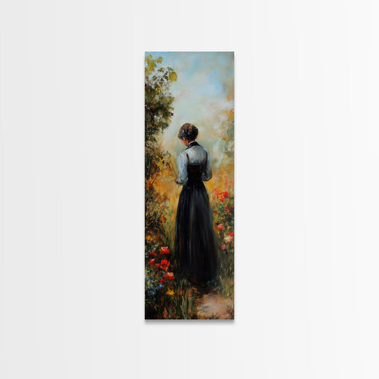 Woman in garden painting cottagecore framed canvas print, botanical wall art, peaceful rustic decor, vintage country home vibe, gift idea