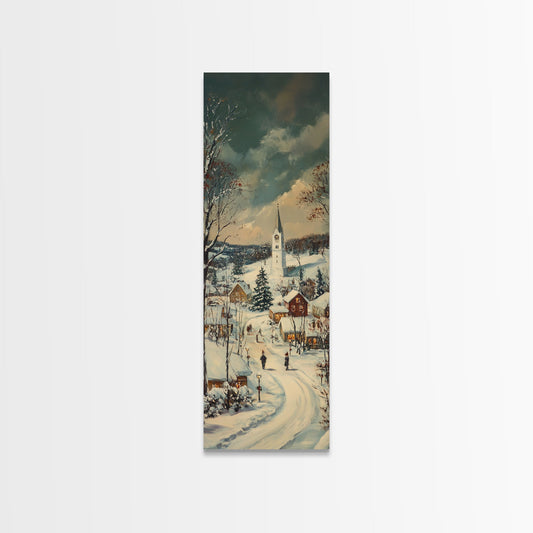 Christmas village painting cheerful holiday scene framed canvas print, vintage winter town, seasonal wall art gift, snowy village decor