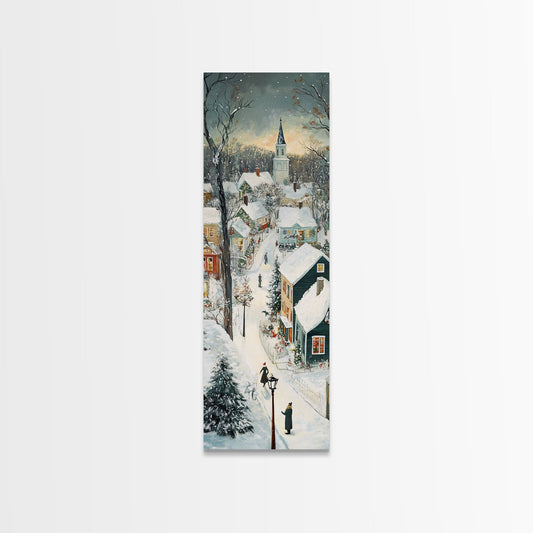 Canvas Print Snowy Village Church Scene Rustic Christmas Wall Art Cottagecore Winter Landscape Framed Painting Above Couch Art Gift