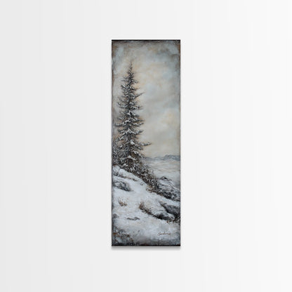 Framed Canvas Print Winter Pine Tree Art Rustic Landscape Wall Art Tall Narrow Art Cozy Cabin Decor Above Sofa Art