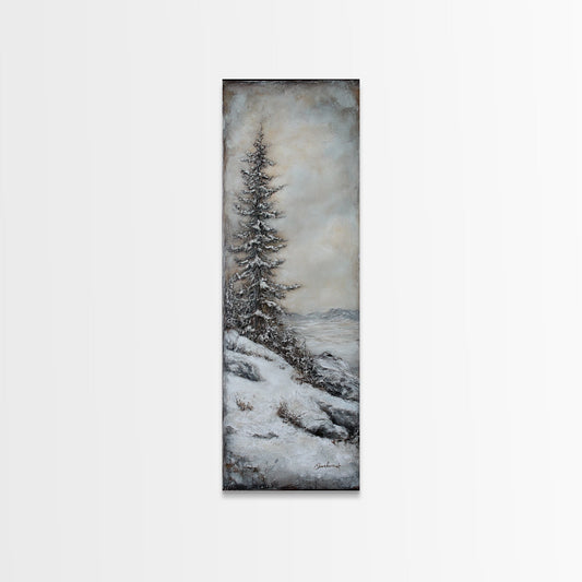 Framed Canvas Print Winter Pine Tree Art Rustic Landscape Wall Art Tall Narrow Art Cozy Cabin Decor Above Sofa Art