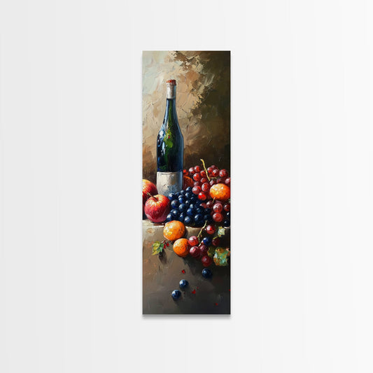 Skinny Vertical Art for Wine Cellar, Wine Room Art, Still Life Oil Painting of Wine and Grapes, Victorian Oil Painting, Retro Kitchen Decor