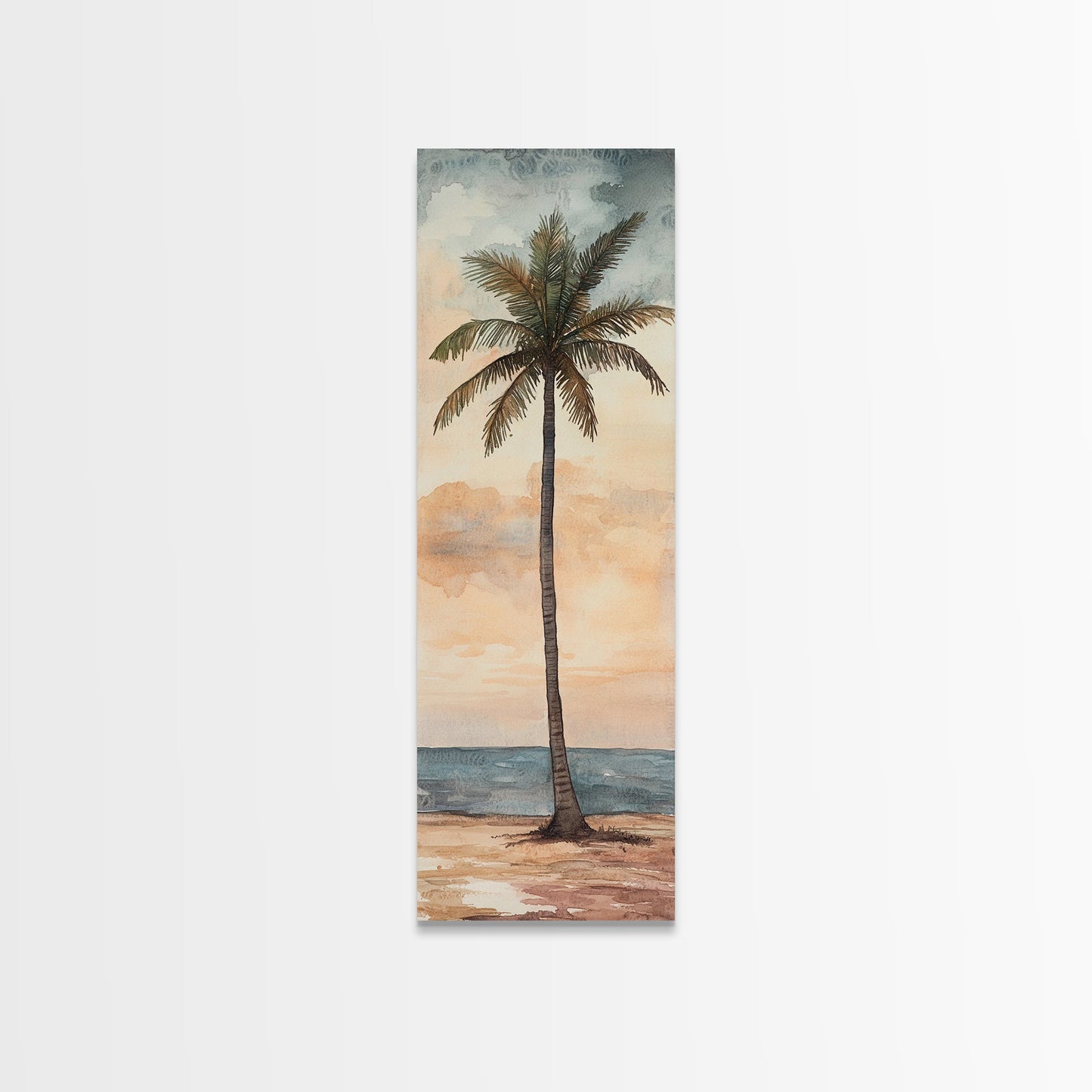 Framed Canvas Print Coastal Palm Tree Art, Sunset Beach Scene, Tropical Coastal Wall Art, Nautical Decor, Skinny Wall Art Gift Idea