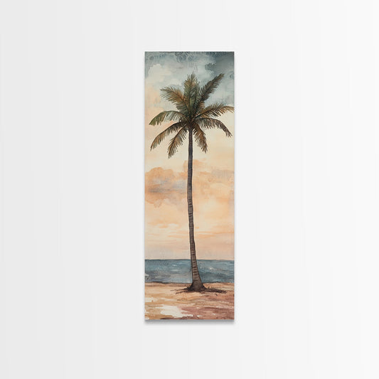 Framed Canvas Print Coastal Palm Tree Art, Sunset Beach Scene, Tropical Coastal Wall Art, Nautical Decor, Skinny Wall Art Gift Idea