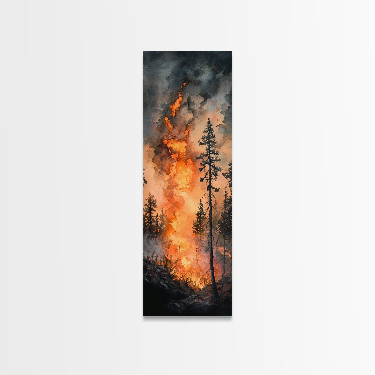 Fiery Forest Flames Canvas Print – Dark Moody Art, Forest Fire Scene, Dramatic Wall Art, Wabi Sabi Wall Art, Above Bed Decor, Rustic Wall Art