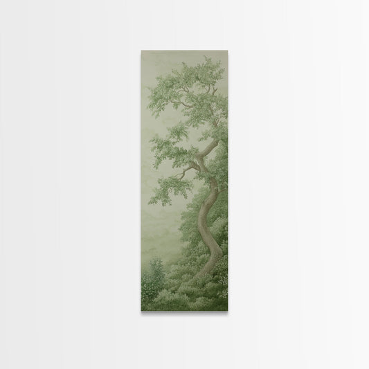Misty Green Botanical Scene - Framed Canvas Print Showcasing Wabi Sabi Art Style with Tranquil Tree Landscape