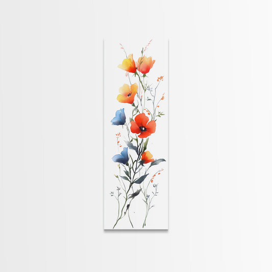 Modern Wildflower Watercolor Art - Framed Canvas Print Featuring Orange and Blue Floral Display in Minimalist Style