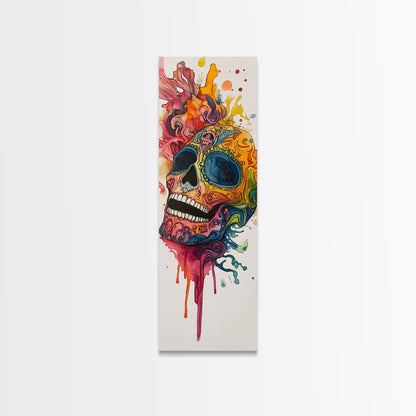 Sugar Skull Painting Print, Mexicano Wall Art, Framed Canvas, Tall Narrow Art, Skinny Accent Piece, Skull Painting, Skull Art, Chicano Art