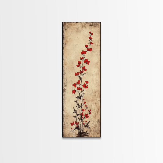 Framed Canvas Print of Red Floral Botanical Art, Poppy Wall Art, Rustic Decor, Tall Narrow Art, Skinny Wall Art, Above Sofa Art, Cottagecore Art