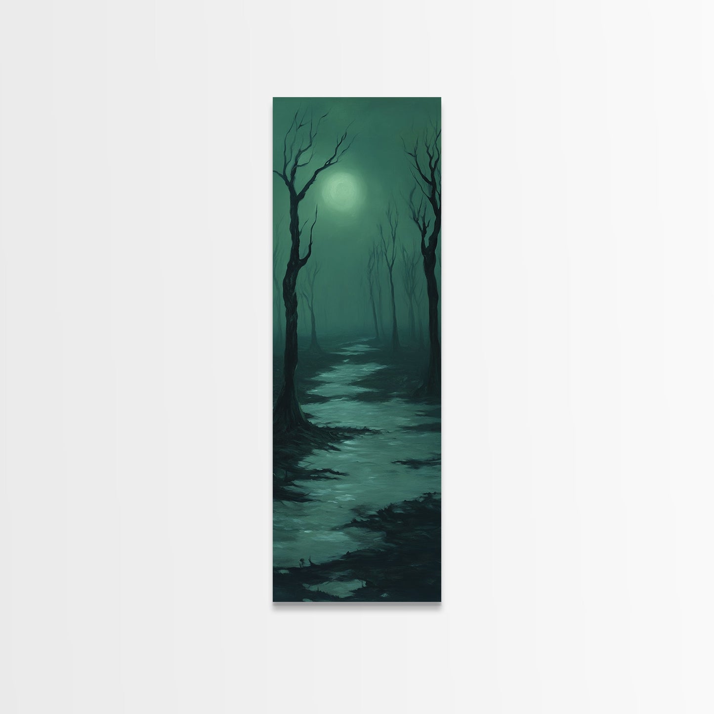 Framed Canvas Print of Forest at Dusk Painting in Teal, Moody Art, Dark Romance Painting, Above Bed Wall Art, Tall Narrow Art, Unique Gift Idea