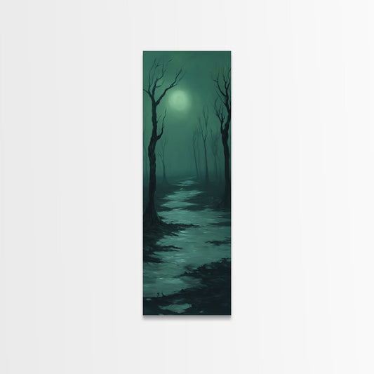 Framed Canvas Print of Forest at Dusk Painting in Teal, Moody Art, Dark Romance Painting, Above Bed Wall Art, Tall Narrow Art, Unique Gift Idea
