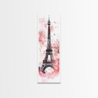 Eiffel Tower Wall Art Framed Canvas Print, Cherry Blossom Painting Vertical Paris Decor, Pink Dorm Art, French Travel-Inspired Gift