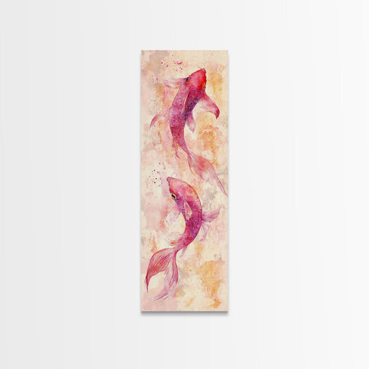Koi Fish Watercolor Canvas Print Tall Vertical Wall Art Living Room Boho Pink Orange Art Rustic Decor Above Sofa Skinny Painting
